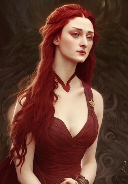 Image similar to portrait of sansa stark dark crimson poison sharp, intricate, elegant, highly detailed, digital painting, artstation, concept art, smooth, sharp focus, illustration, art by artgerm and greg rutkowski and alphonse mucha and william - adolphe bouguereau