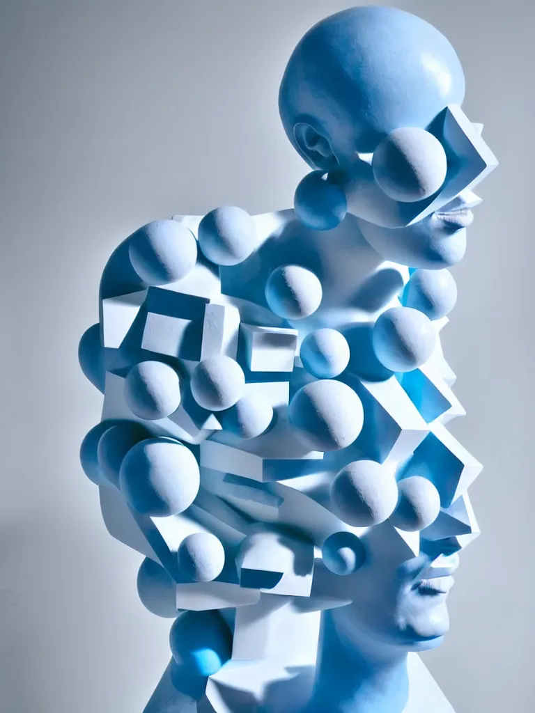 Image similar to a fine art photograph formal self sculpture by the artist kelbv, in distinct hyper precise fineliner style with cuboids neatly curving above his head, and exploded body filled with light blue and white spheroids, perfect bright studio lighting.