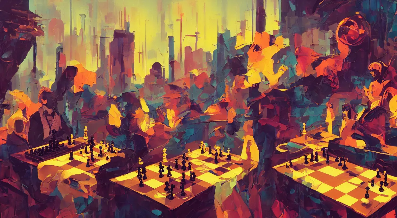 Image similar to a graph style gauche impasto, oil paint, people playing chess, steampunk art by james gilleard, cgsociety, retrofuturism, synthwave, retrowave, outrun, autumn color.