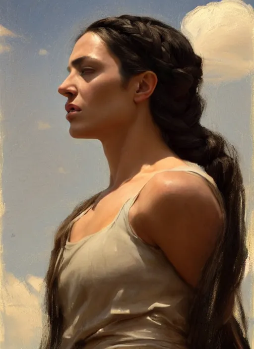 Prompt: angelina jolies face on a muscular upper body, with black braided hair as a greek goddess, countryside, calm, fantasy character portrait, dynamic pose, above view, sunny day, thunder clouds in the sky, artwork by jeremy lipkin and giuseppe dangelico pino very coherent asymmetrical artwork, sharp edges, perfect face, simple form, 1 0 0 mm