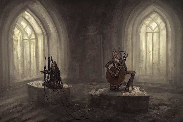 Image similar to still life painting, musical instument alone - a lute with smoke wisping up from its smoldering string, cursed baroque with ebony inlay, designed by brian froud and hr giger leans against the wall alone, abandoned. an empty brutalist chamber, lonely, somberlate afternoon lighting cinematic fantasy painting by jessica rossier