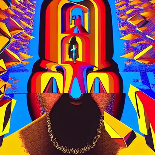 Image similar to ultra realistic portrait of dj khaled in a studio, ultra detailed, under blue, red and yellow cinematic lighting, salvador dali, cartoon, monument valley, escher