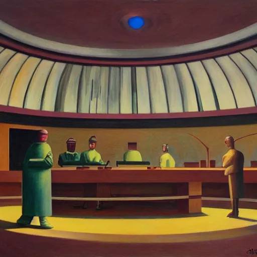 Image similar to three brutalist robotic judges with glowing eyes, inside a dome, pj crook, grant wood, edward hopper, syd mead, chiaroscuro, oil on canvas