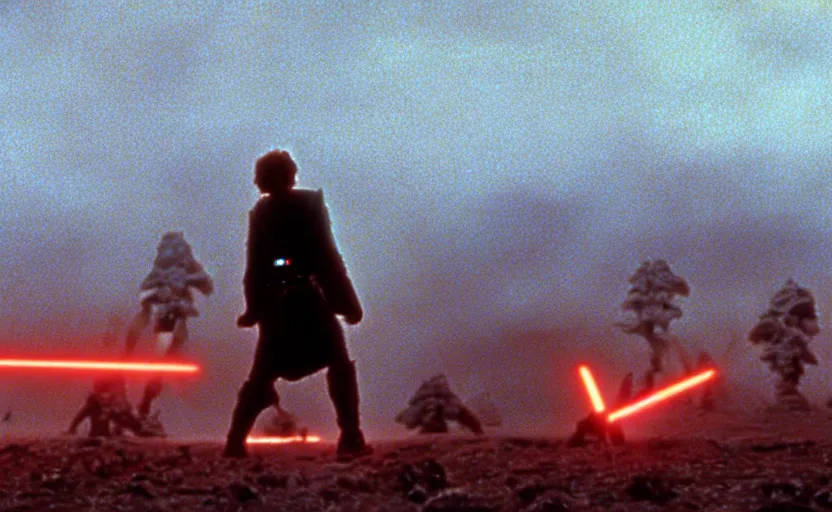 Image similar to screenshot portrait of Luke Skywalker running in a windy fiery battlefield with scattered parts of AT-AT walkers, with young jedi army behind him, iconic scene from 1983 film by Stanley Kubrick, last jedi, 4k HD, movie still, explosions, cinematic lighting, beautiful portrait of Mark Hammill, moody scene, stunning cinematography, anamorphic lenses, kodak color film stock