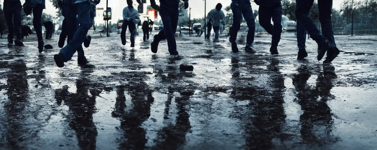 Prompt: several tiny men running into a storm drain, twilight, reflections on wet pavement