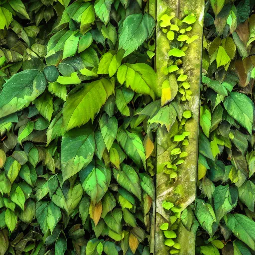 Prompt: photo realistic, high level of detail, high resolution : ( subject = steel pillar and ( object = vines + object detail = green, lush ) ) + ( perspective = diminishing scale + low focal point, low focus distance )