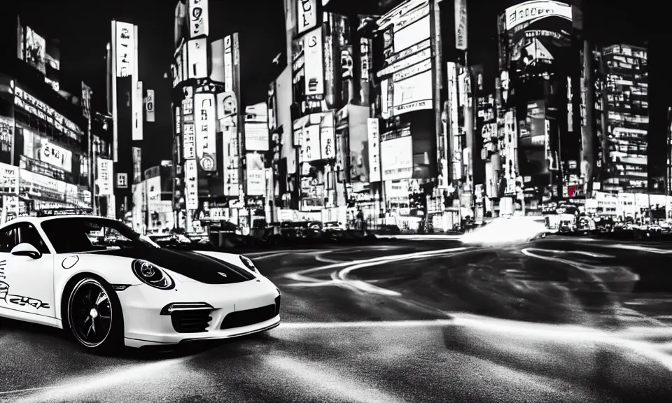 Image similar to photo of a porsche 911 at night drifting through a city, cinematic, 4k, long exposure photography, tokyo drift, fast and furious, film still, night photography, motion blur, lens flare, movie shot, light trail, distortion, wide angle