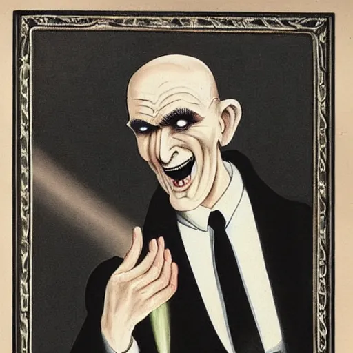 Prompt: an old ((somewhat mildewed)) funeral home director of Italian descent, somewhat bent over, bald on top, with a halo of unkempt hair, looking like Lurch from Addams Family, bearing a large mad grin, the minor god of illumination