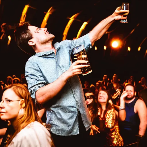 Image similar to photography of the musician marc rebillet drinking champagne at his concert, public is annoyed and throws cans on the stage, 4 k,