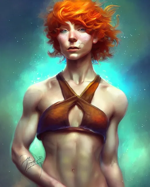 Prompt: cute magician, perfect face, magic, halter top, ginger hair, abs, cinematic, freckles, stunning, adorable, athletic, strong, agile, highly detailed, psychedelic, digital painting, artstation, smooth, hard focus, illustration, art by jessica rossier and and brian froud