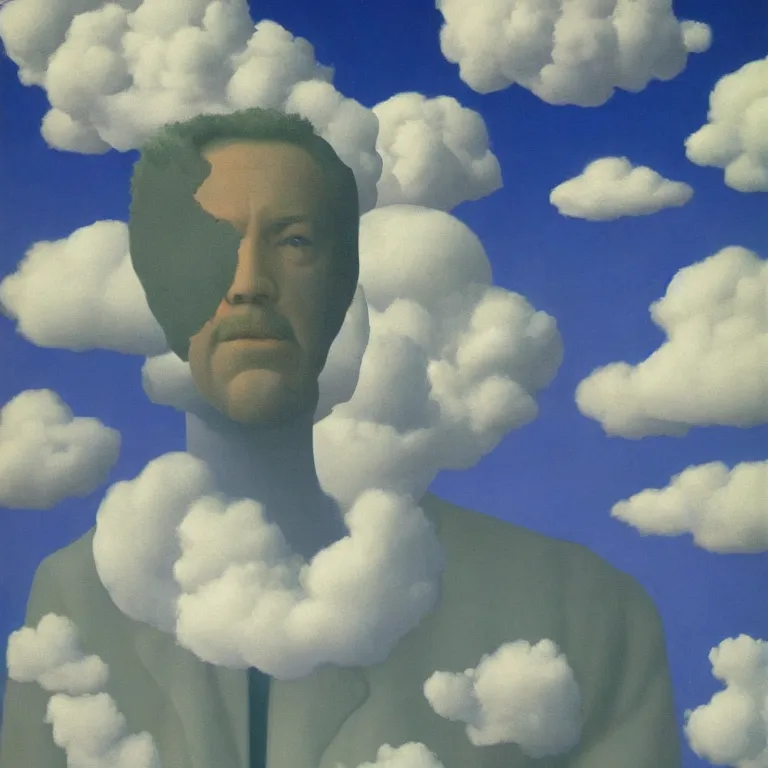 Image similar to cloud - man, by rene magritte, centered, detailed painting, hd, hq, high resolution, high detail, 4 k, 8 k