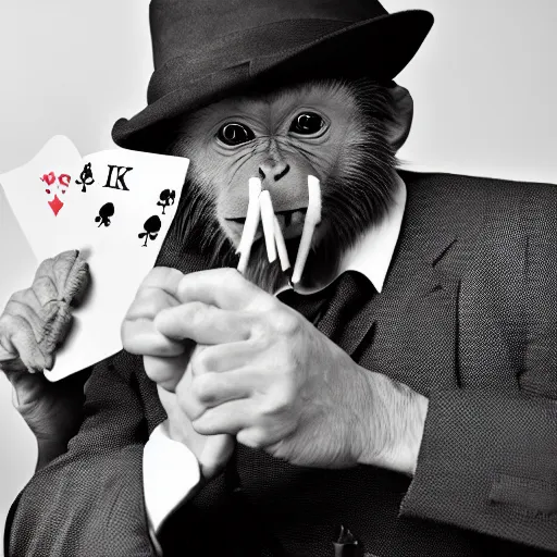 Prompt: monkey in a suit smoking a cigar and playing poker in a casino, 5 0 mm, black and white photo, trending on artstation