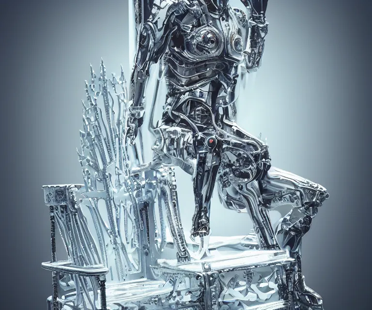 Image similar to translucent cyborg sitting on an aluminum throne, futuristic castle background, fantasy sci - fi, sharp lines, metallic, 2 0 0 mm focus