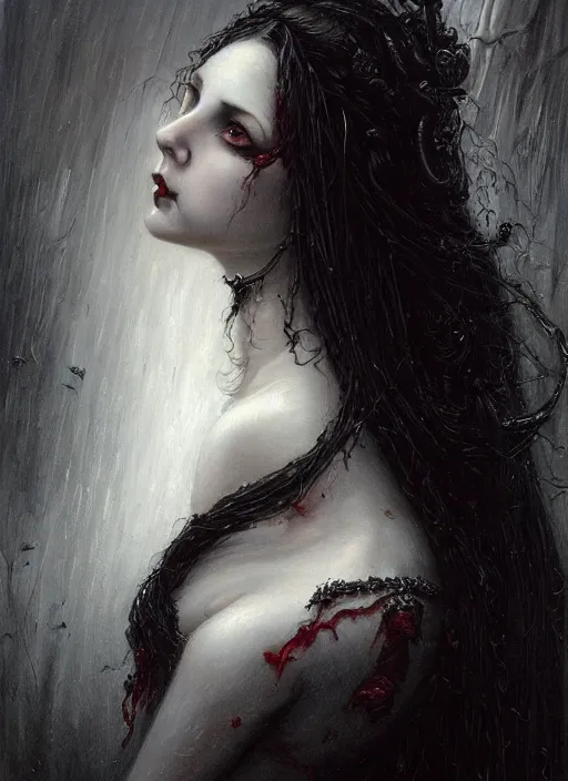 Image similar to highly detailed oil painting | very intricate | cinematic lighting | black, white and blood color scheme, dark background | portrait of a exquisite beautiful vampire little girl with long elegant tangles of black hair, eyes, gothic fog ambience, hyper realistic head, fantasy victorian art, in the style of greg rutkowski, zdizslaw beksinski, intricate, alphonse mucha