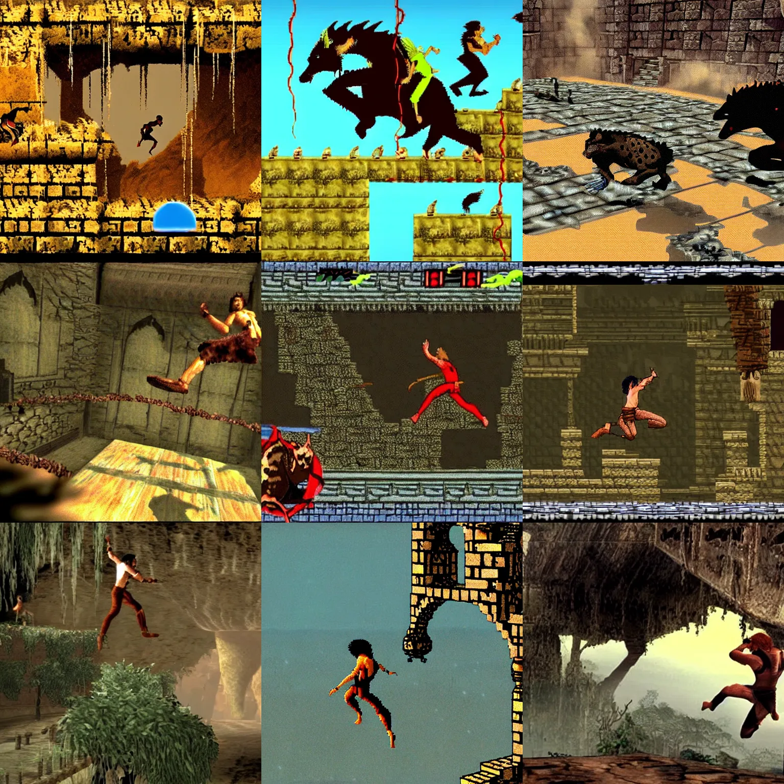 Prompt: jumping across a deep pit on a vine, being chased by hyenas, screenshot from prince of persia ( 1 9 8 9 video game )