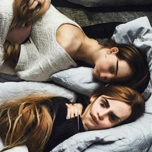 Image similar to emma watson and her friends sleeping in a bunch of cozy beds