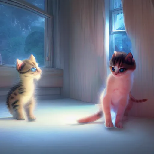 Prompt: kittens in a room. animal. digital art. artstation. realistic. vibrant. illustration. in the style of pixar movie. octane render. art by makoto shinkai, stanley artgerm lau, wlop, rossdraws. volumetric lighting.