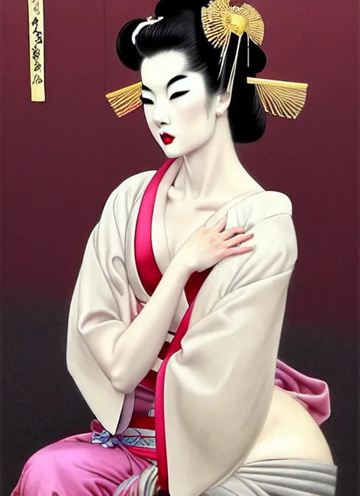 glamorous and sexy Geisha, beautiful pale makeup