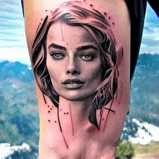 Image similar to double exposure tattoo design sketch of beautiful mountain scenery blend in margot robbie face, in the style of matteo pasqualin, amazing detail