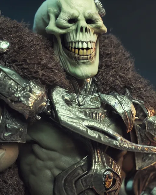 Image similar to closeup skeletor action figure in a castle, rim lighting, octane, Natasha Tan, Maciej Kuciara, Edgar Rice Burroughs,