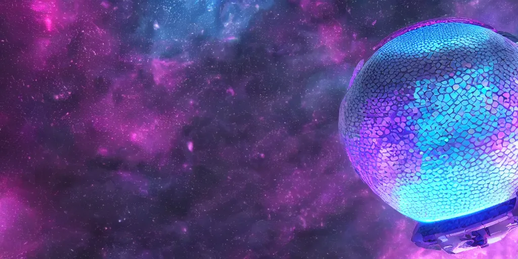 Prompt: a photo of 8k ultra realistic sphere spaceship made of dragon scales, purple and blue neon, cinematic lighting, trending on artstation, 4k, hyperrealistic, focused, extreme details, unreal engine 5, cinematic, masterpiece