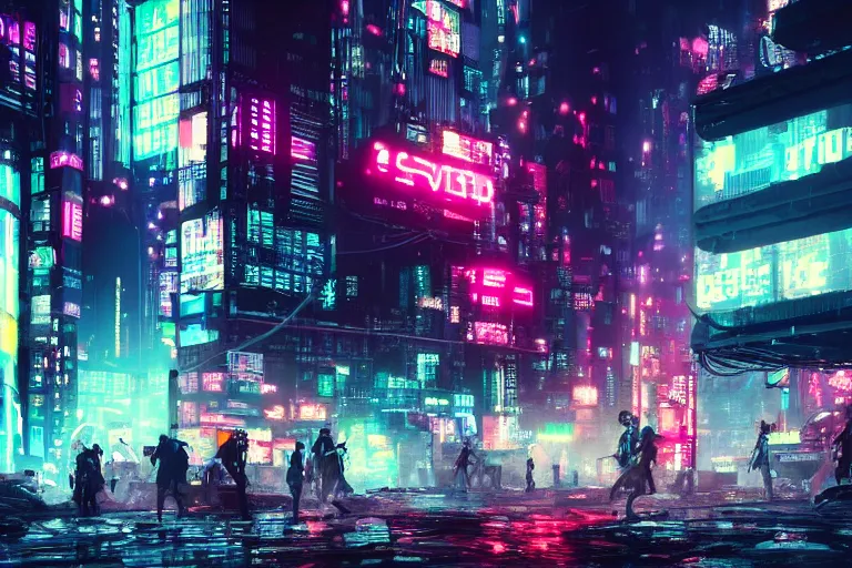 Image similar to a dystopian cyberpunk city with to much neon light, a large tv in the middle of the city, anime, 4k, super wide angle, PS5 graphic, digital art, trending on artstation