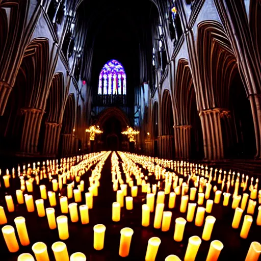 Prompt: symmetry!!! thousands of candles in a gothic cathedral, night, symmetry!!, candles radiate a warm glow, warm light on walls, ultra wide angle, large format, camera position close to floor, big candles in foreground, amazing professional picture, 4 x 5, light bloom, 8 k