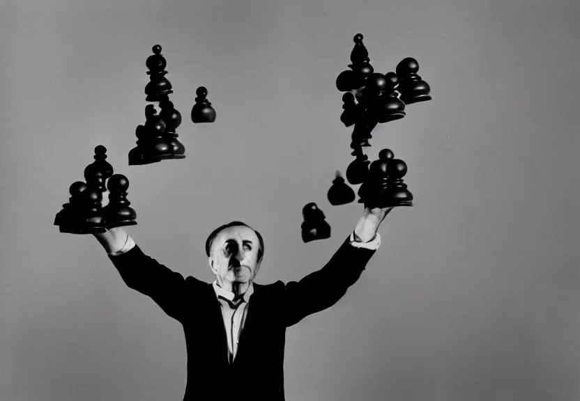 Prompt: a man holding up a bunch of chess pieces, a character portrait by marcel duchamp, flickr contest winner, precisionism, surrealist, studio portrait, provia