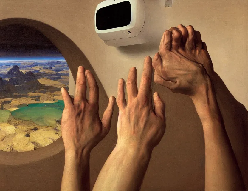 Image similar to a detailed portrait painting of a first-person view within a floating 3D VR hand interface (iOS hologram UI controls) by Jony Ive, Moebius, Roger Dean, Lawrence Alma-Tadema, John Martin, and tuomas korpi intricate artwork by caravaggio and James Turrell,. Oil painting. Trending on artstation. 8k