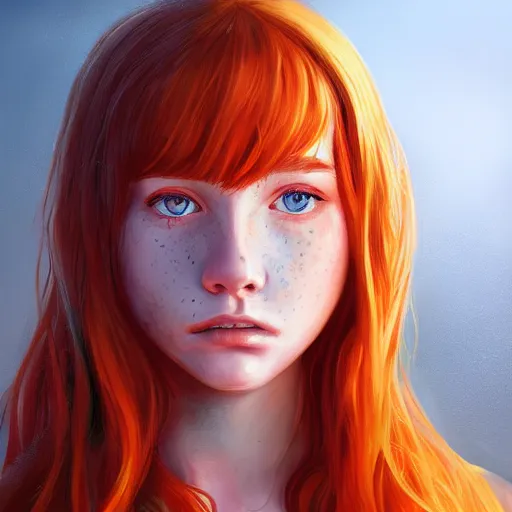 Image similar to portrait of a teen girl with freckles with long red hair and bright brown eyes, 8 k, highly detailed, digital painting, artstation, sharp focus, illustration