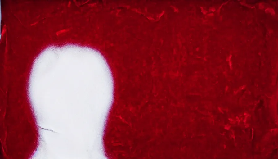 Image similar to rendering of invisible man wrapped in red velvet sheet. surrounded by darkness