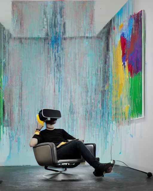 Image similar to a man reclines in a gaming computer chair weargin a vr headset and headphones holding a game controller, in a domestic interior filled with screens by james jean and luc tuymans and beeple and hernan bas and pat steir and hilma af klint, psychological, 3 d, dripping paint, high quality render, masterpiece