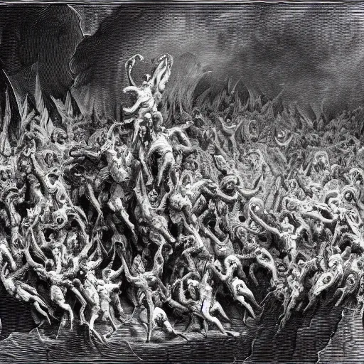 Image similar to A wide shot of a swarm of demons flying up from the depths of Hell in the style of Gustave Dore