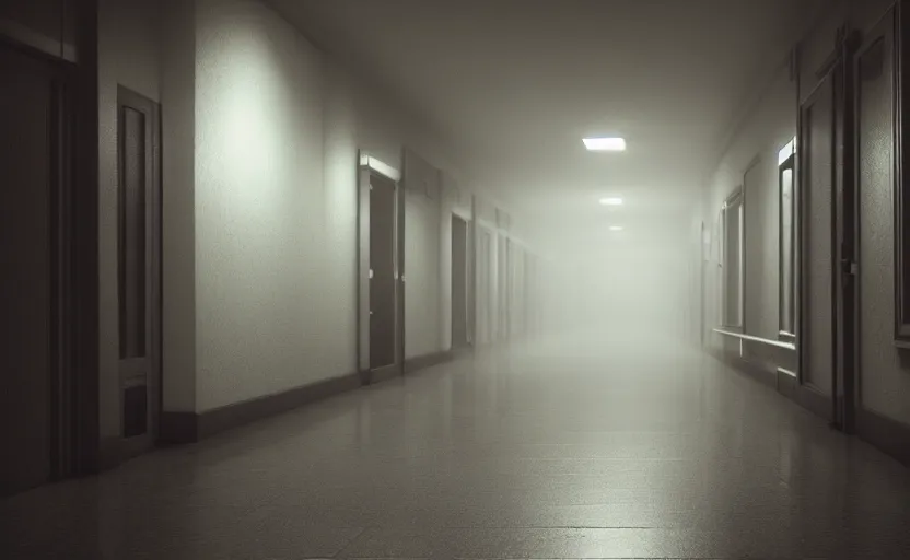 Image similar to hspital hallway, gloomy and foggy atmosphere, octane render, artstation trending, horror scene, highly detailded