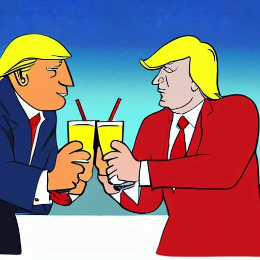 Image similar to cartoon drawing of Biden and Trump together drinking a lemon drink with Rio de Janeiro mountains on the background