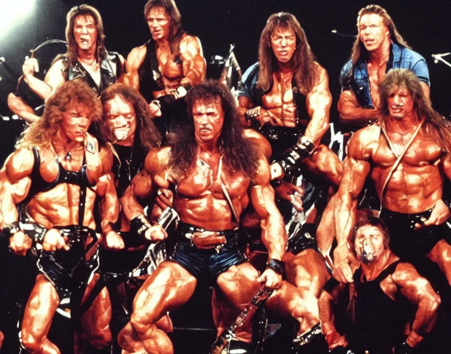Prompt: colour photo off arnold schwarzenegger, sylvester stallone, dolph lundgren, Chuck Norris and Jean-Claude Van Damme in a heavy metal band, playing on stage in a heavy metal band 1985