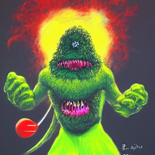 Prompt: a tennis ball monster ,tennis ball, volcano, chalk, digital art, fantasy, magic, trending on artstation, ultra detailed, professional illustration by Basil Gogos