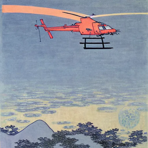 Image similar to A helicopter, fusion of Monet and Hokusai