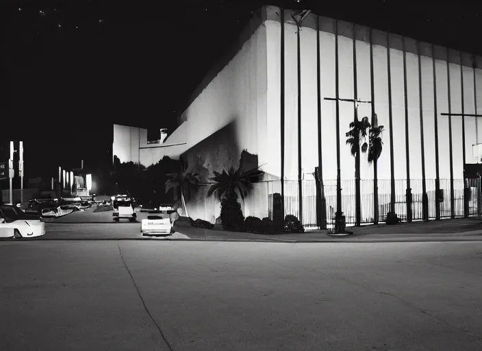 Image similar to a building seen from a dark parking lot in los angeles at night. 1 9 9 0 urban photography