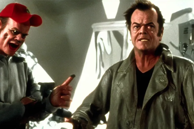 Image similar to Jack Nicholson plays Pikachu Terminator, scene where his inner endoskeleton is visible and his eye glows red, still from the film