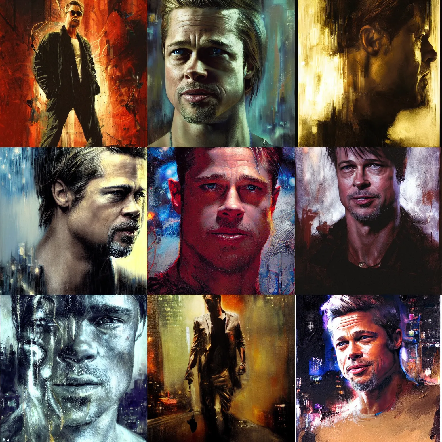 Prompt: portrait of brad pitt as tyler in ny at night durdan by craig mullins and russ mills, high detailed, 8 k