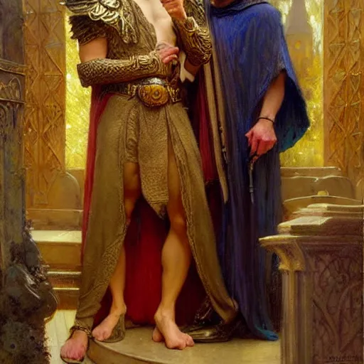 Image similar to attractive arthur pendragon in love with attractive male merlin the mage. highly detailed painting by gaston bussiere, craig mullins, j. c. leyendecker