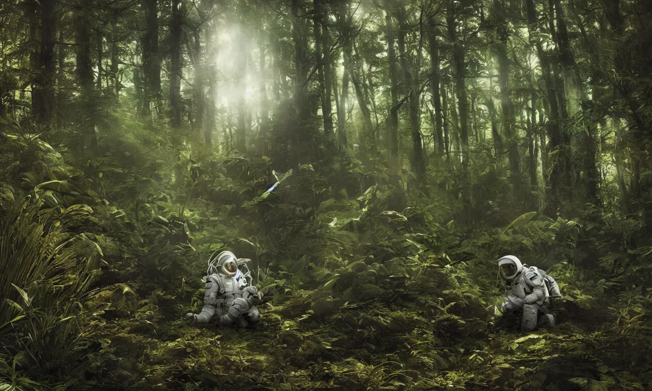 Image similar to prometheus astronaut in the forest with plants environment ,wide angle low, cinematic atmospheric lighthing, octane render, by craig mullin,