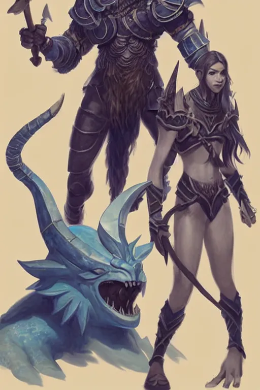 Image similar to a small blue-skinned triton girl wearing scale armor riding on a the shoulders of a large male goliath wearing fur and leather armor, dnd concept art, painting by ross tran and Tyler Jacobson