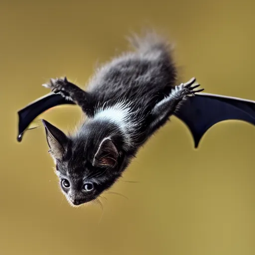 Image similar to a bat kitten flying, Canon EOS R3, telephoto, very detailed, 4k