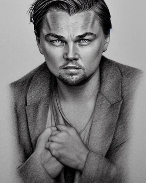 Prompt: hyper realistic pencil drawing of leonardo dicaprio, high detail portrait, photorealistic