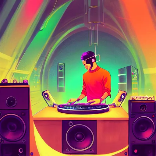 Image similar to a dj creating disco music in an underground lab, surrounded by large retro speakers, digital painting, artstation, ristan eaton, victo ngai, artgerm, rhads, ross draws, anime styled, hd, 4 k