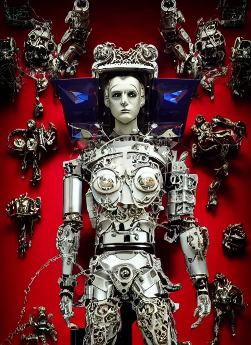 Image similar to baroque and cyberpunk style full-body sculpture of a young angry Latino prince half android with a chest exposing a glowing sapphire battery, porcelain arms posed like a bored model, red laser eyes, crown of silver gears and giant diamonds, swirling red-colored silk fabric, robot dinosaurs. geometric elements. reflective surfaces. intricate artwork by caravaggio. art by Artgerm and Alphonse Mucha, Trending on artstation, industrial lighting, photorealistic, octane render, 8k, depth of field, 3D