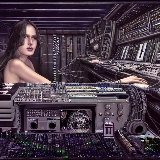 Prompt: huge audio production station and woman interconnected hybrid in the style of h.r. giger, keyboards, synthesizers, airbrush, canvas, biomechanical, surreal, nightmarish, cold, 8k, highly detailed, ultra-realistic, octane render,