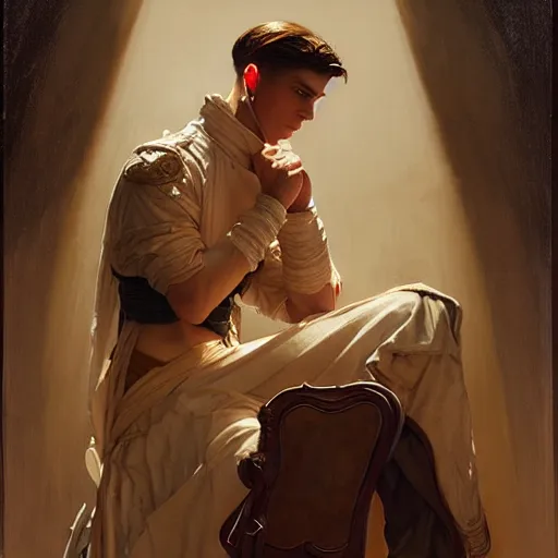 Image similar to attractive fully clothed king confesses his love for his attractive fully clothed male prince. highly detailed painting by j. c. leyendecker, craig mullins, tom bagshaw,